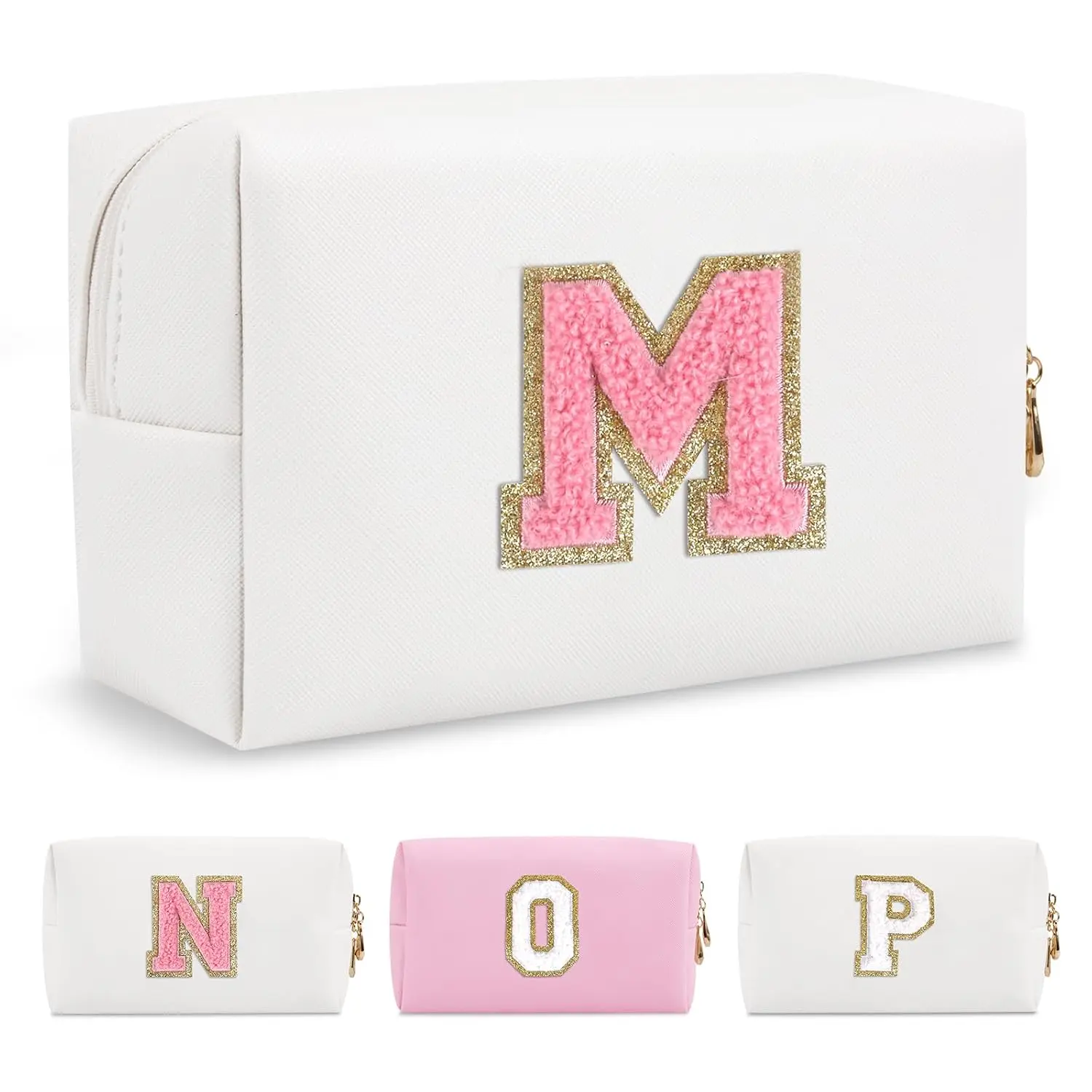 Personalized Initial A-Z Preppy Patch Small PU Leather Makeup Bag - Zippered Travel Cosmetic Pouch, White Cute Toiletry Bag, Ideal Birthday Gift for Teen Girls, Letter M