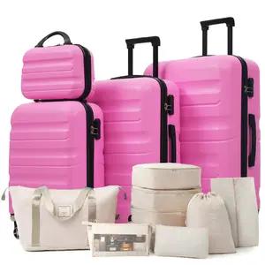 Lightweight Travel Luggage Set 12 Piece with Carry On Suitcases 12 20 24 28 Inch Dual Spinner Wheels TSA Lock and Matching Travel Bag Makeup Storage pink