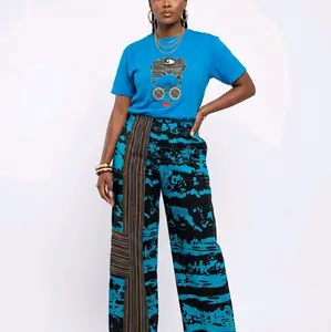 Women's Aso Oke Long Pant and  Graphic Designed Tshirt, 2-Pieces Aso Oke Pants and Tshirt