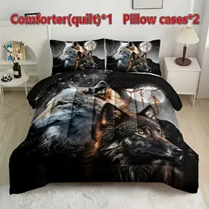 3pcs Forest Night Animal Wolf Dream Catch Net Quilt Set, Soft Comfort Lightweight Breathable Printed Home Dorm Air Conditioning Blanket, Soft Bedding Sets