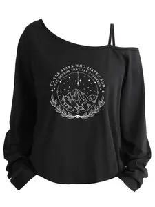 Plus Size Women's Loose-Fit Long Sleeve Cami Top, Asymmetrical Neckline, Letter Print, All Seasons, Sizes 1-8xl