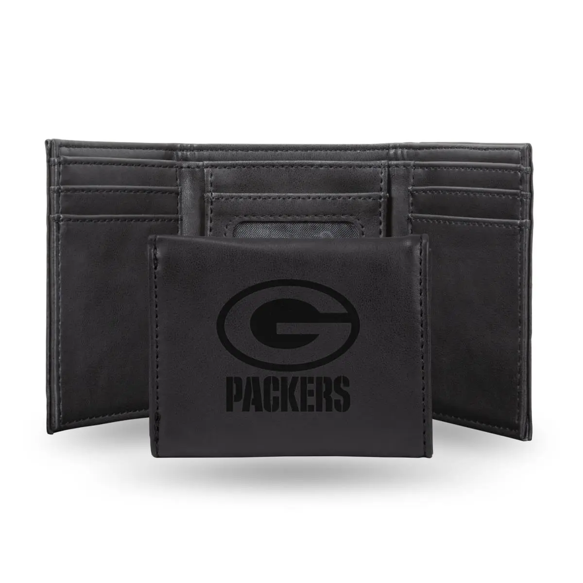 212 MAIN NFL Green Bay Packers Laser-Engraved Black Trifold Wallet, Trifold Card Holder Sports Collectibles Accessory, Faux Leather