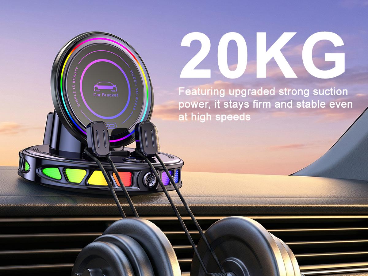 15W 360° Rotating Wireless Car Charger Phone Mount with Ambient RGB Light, Adjustable Suction Cup Holder for Dashboard & Windshield