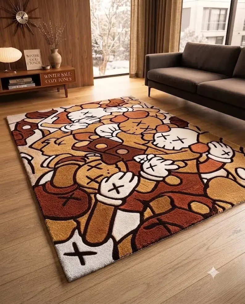 KAWS-Inspired Handmade Tufted Area Rug, Modern Brown Abstract Cartoon Street Art Decor for Living Room, Bedroom