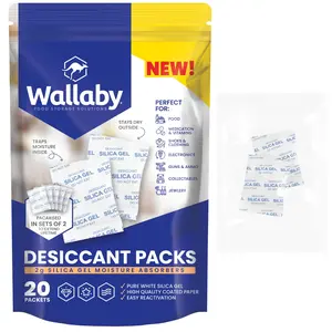 Wallaby 2 gram Silica Gel Desiccant Dehumidifier Packs (20 Packets) Food Safe Pure White - Rechargeable Moisture Absorbers