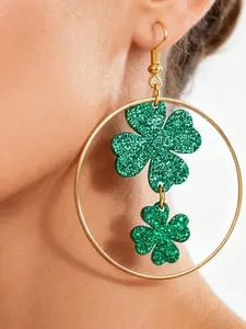 Fashionable Two-Tier Glitter Clover Pendant Earrings, Golden Large Circle Hoops, Perfect for St Patrick's Day & Irish Carnival Gifts