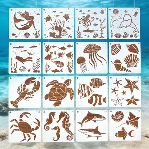 16pcs Ocean Life Hollow Painting Templates Mermaid DIY Board Decoration Album Handmade Graffiti Coloring Stencil Material for Wood Fabric Wall Paper