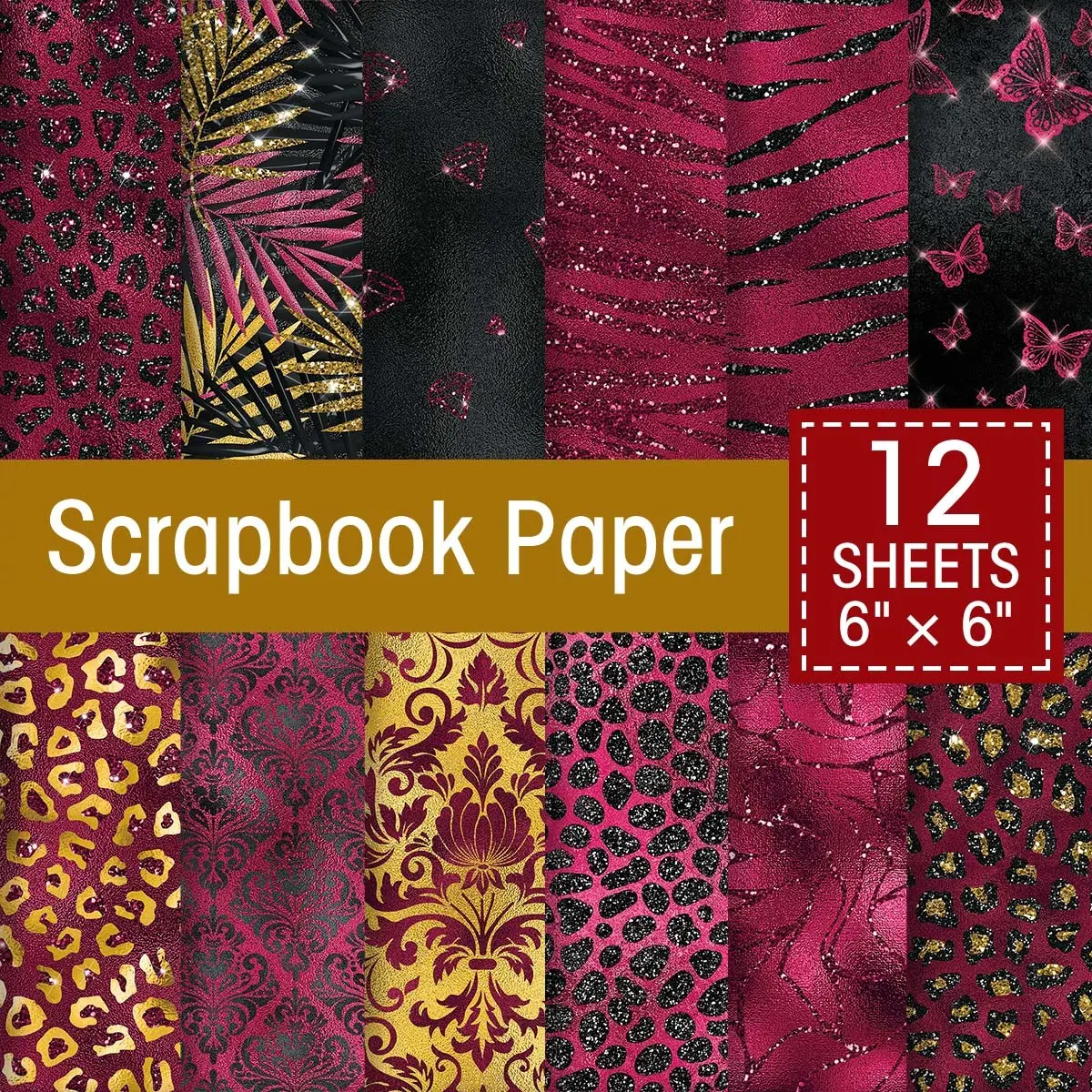 12 Sheets and Gold Leopard Print Scrapbook Paper Craft Pads, Luxurious Design Invitation Card, Trash Diary, Origami, DIY Decoration, Scrapbook Materials, Scrapbooking Paper