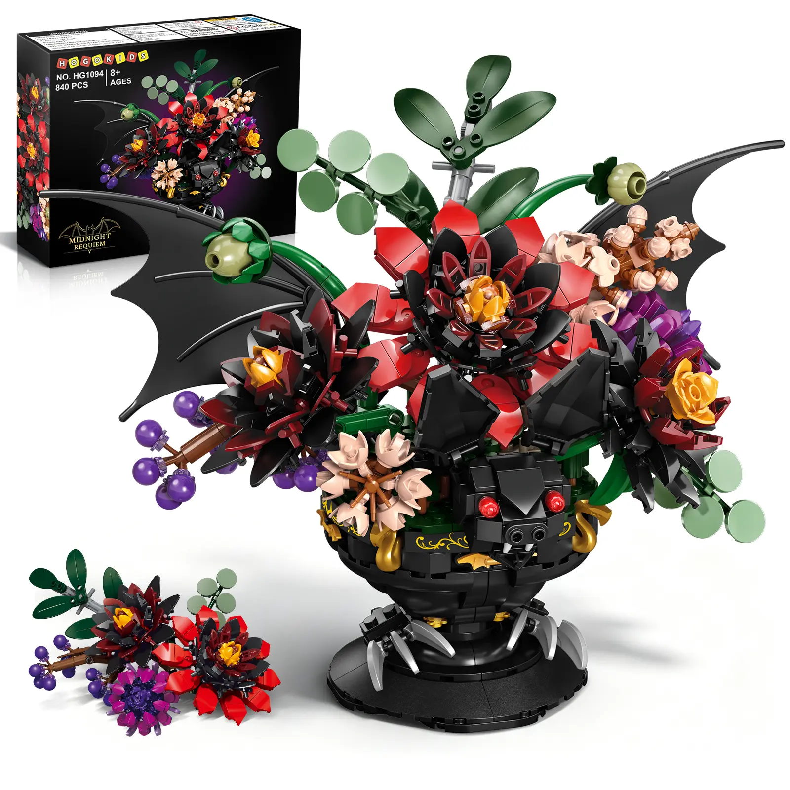 HOGOKIDS Gothic Black Dahlia Flower Building Set –  Botanical Bouquet with Bat Guardian Pot, Gothic Home Decor, Forever Bloom Gift for Women, Mom, Wife, Girlfriend, Halloween Gift (840PCS) backtoschool
