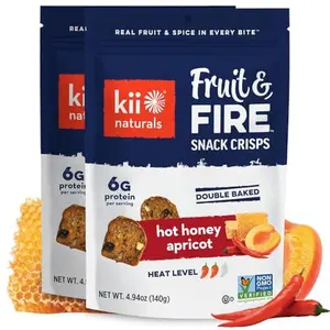 Kii Naturals Fruit & Fire Snack Crisps, Healthy Snack Crackers for Cheese, Meats, Spreads, Charcuterie Boards - Non-GMO, No Preservatives, Hand-Crafted – Hot Honey Apricot, 4.9 Ounce (Pack of 2)