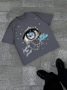 Unisex American Cyberpunk Style Eye of Providence Print Short Sleeve T-Shirt, Blue Star Decor, Streetwear Fashion