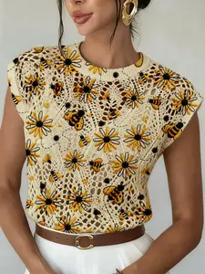 Elegant Women's New Cute Cartoon Bee Animal Floral Print Round Neck Sweater, Spring Summer Fall Casual Sleeveless Knitwear, Breathable Daily Wear