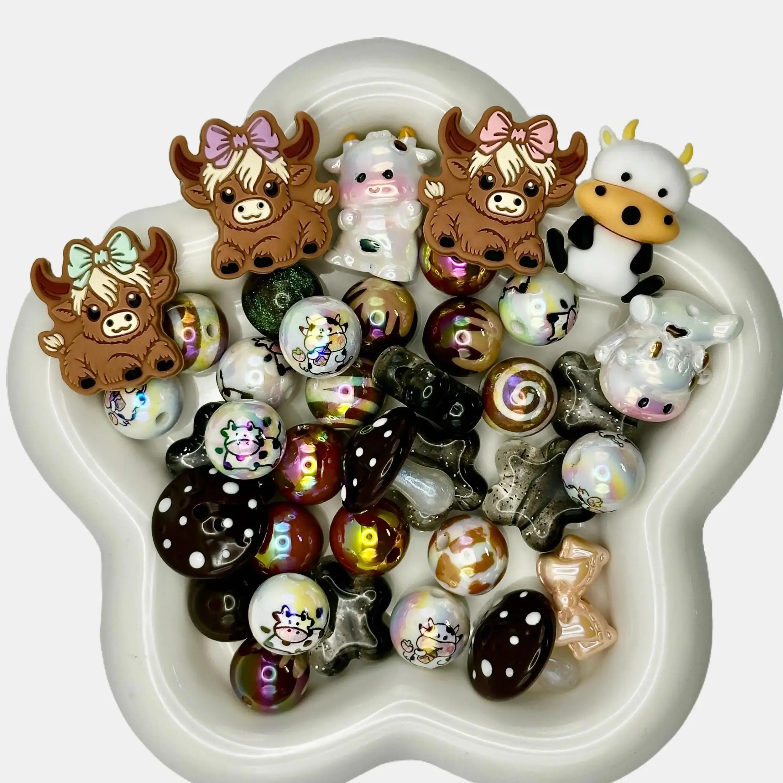 Cows & Mushrooms Beads Mix with Silicone Focal Beads and Pen Toppers - 16 mm beads - Cow Charm Beads - Mushroom Beads - Resin & Acrylic Beads - Glitter Beads - for Crafting and DIY Projects