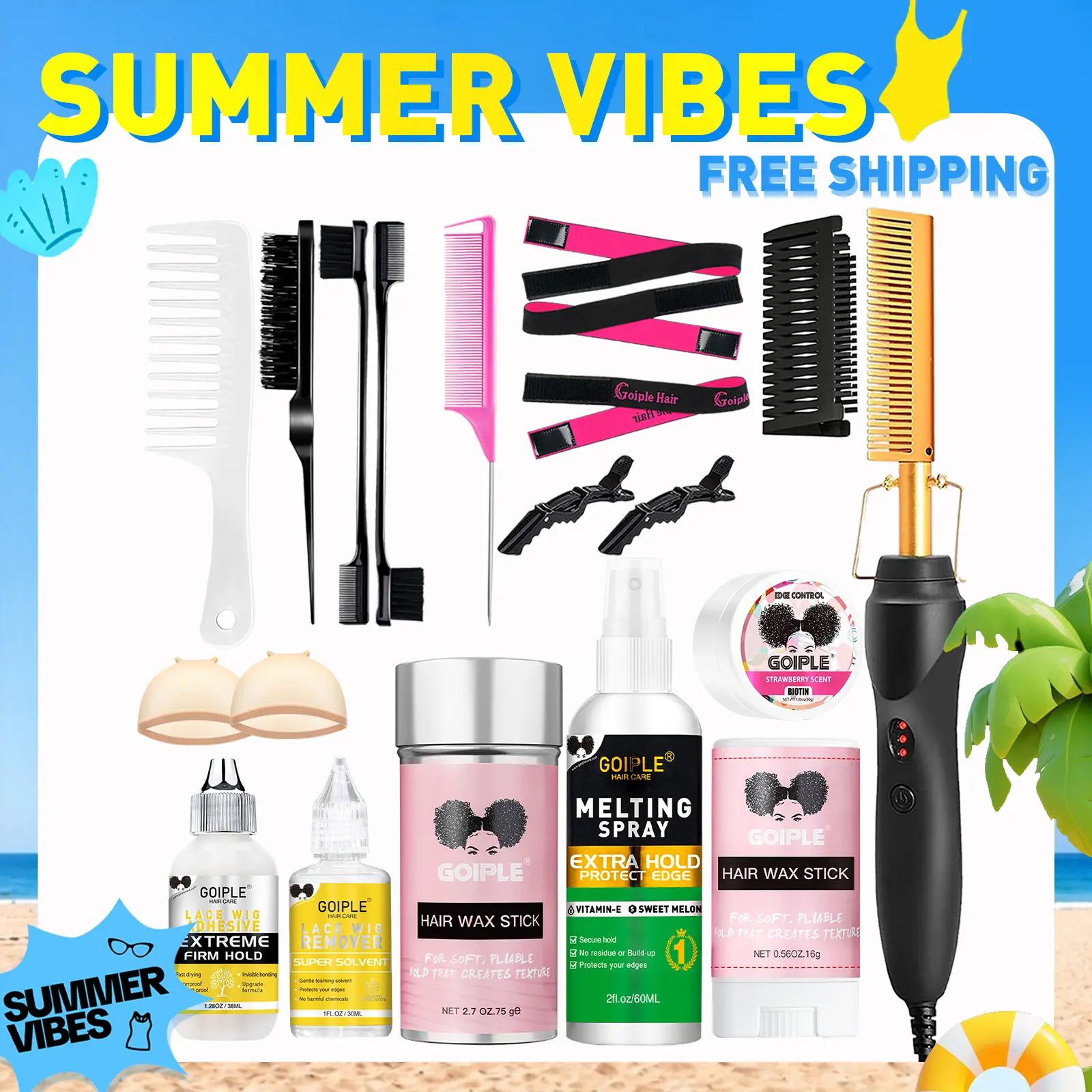 【SUMMER VIBES】Hot Comb Straightening Kit for Wigs and Natural Hair Salon- Safe Pressing Comb, Curling Iron, Wig Glue Straightener Gift Springtok Multifunctional Styler