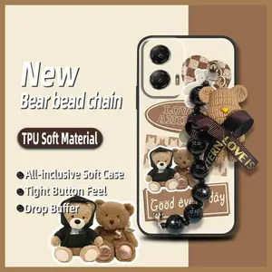 Black pearl pendant Cartoon Phone Case For MOTO G Stylus 5G 2024 Simplicity silicone Anti-knock cute Back Cover Dirt-resistant protective case Bear bracelet Waterproof