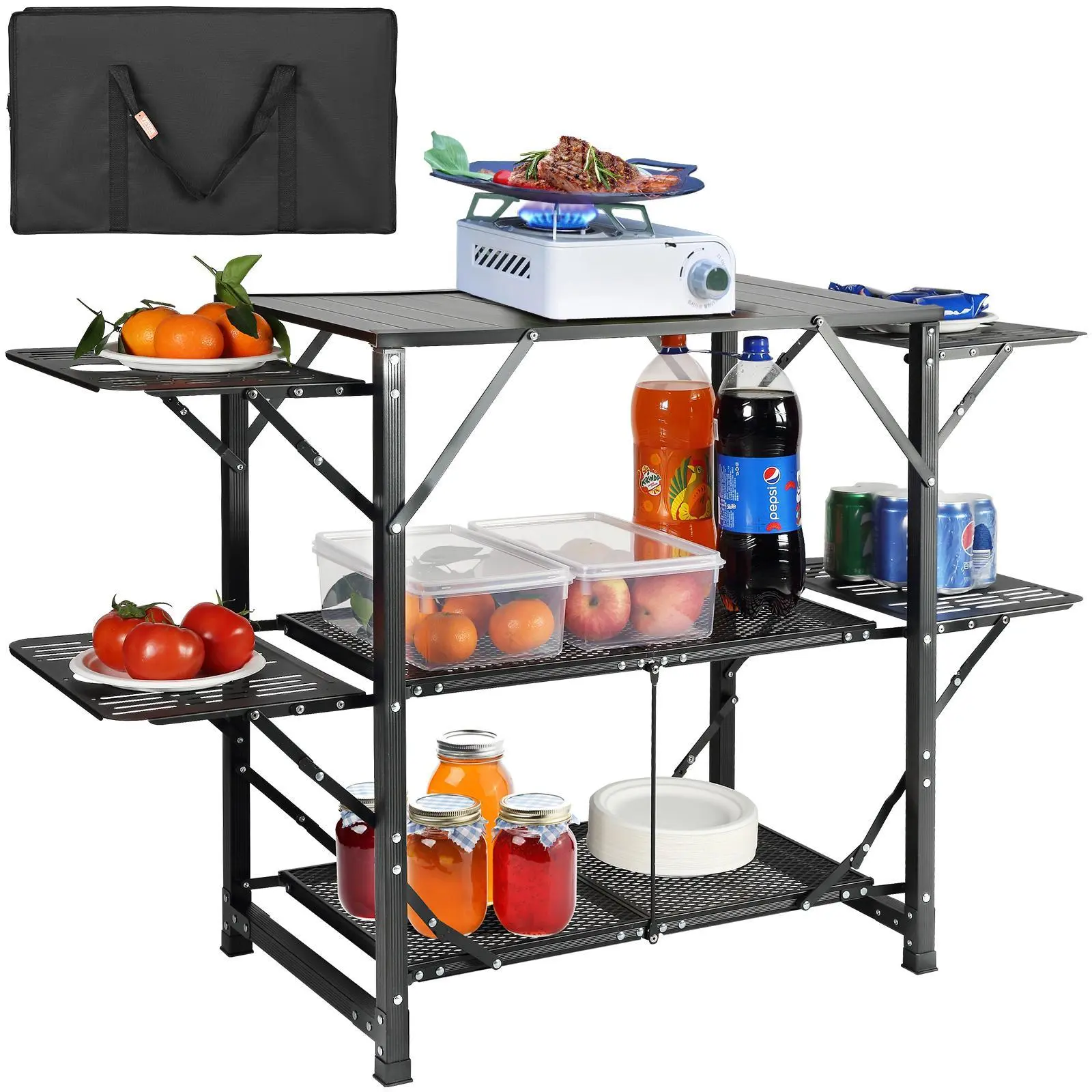 【Summerfinds】VEVOR Camping Kitchen Table, One-piece Folding Portable Cook Station with A Carrying Bag, Aluminum Camping Table 4 Iron Side Tables & 2 Shelves, Ideal for Outdoor Picnics, BBQs, Camping, RV Traveling