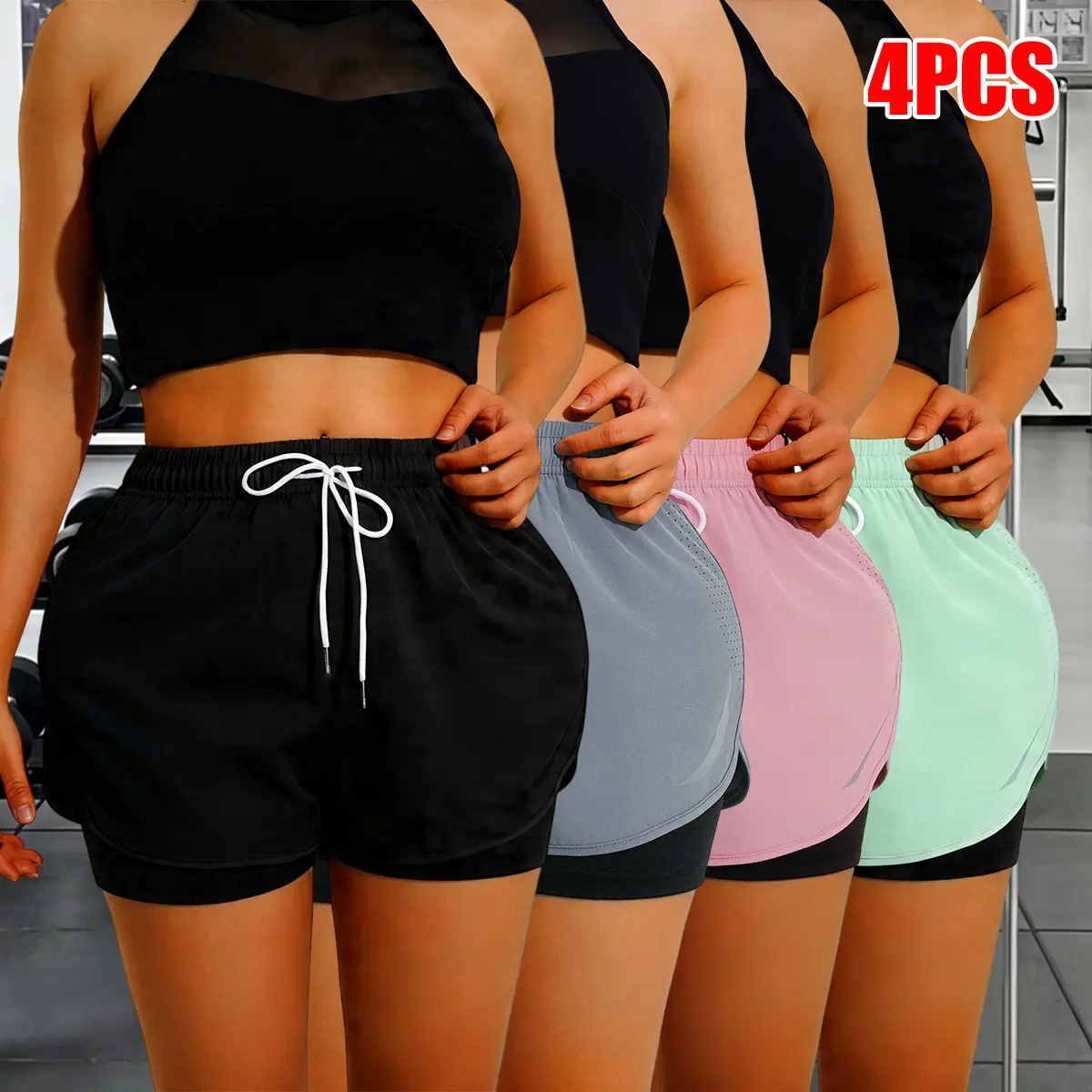 4-Pack Women’s Summer Shorts – Comfortable, breathable fitness shorts with stretch fabric and an elastic drawstring waistband; suitable for running, workouts, and casual sports; multifunctional everyday wear shorts