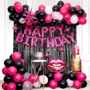 Pink and Black Birthday Decorations, Hot Pink Birthday Decorations with Banner, Fringe Curtains Foil Balloons for 13 16th 21st 25 30 40 50th Happy Birthday Decorations for Women