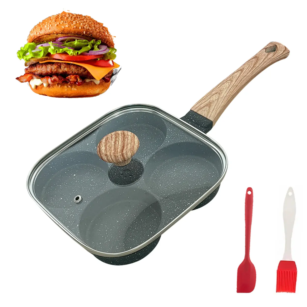 4-Hole Nonstick Egg Frying Pan Skillet with Lid Set - Compact Silicone Oil Brush, Spatula Included, 5-Min Breakfast Cookware, Compatible with Gas Stoves, Induction Cookers, Durable Omelette Pan