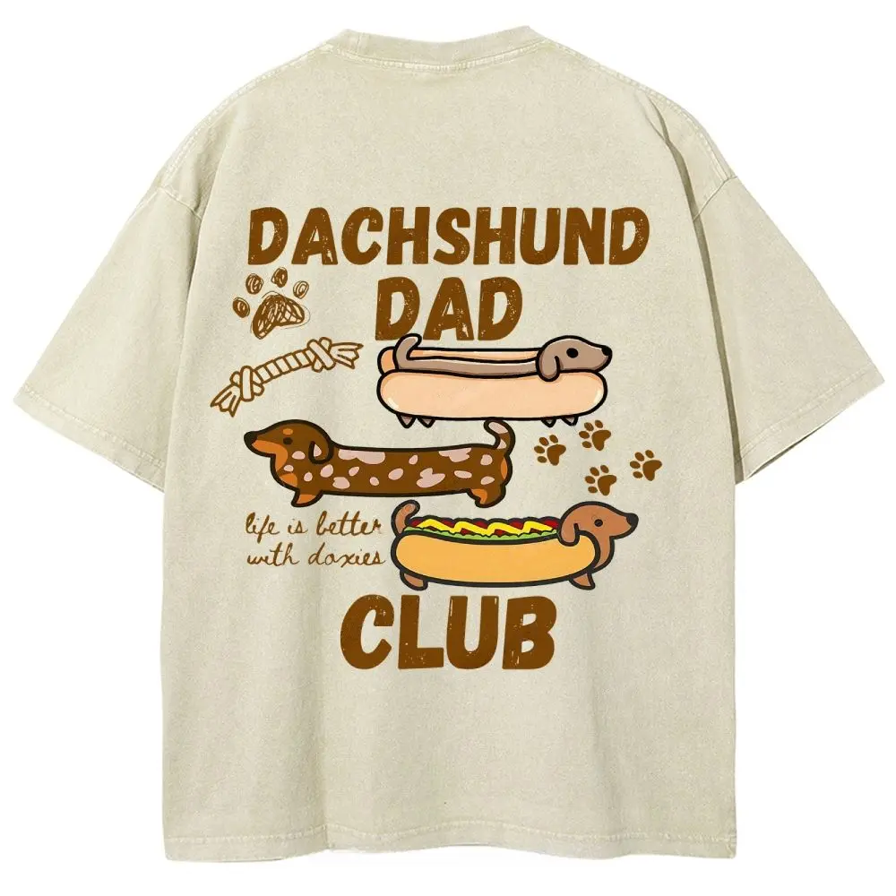 Dachshund Dad Club T-shirt, Men's Casual Cotton Comfort Shirt, Vintage CrewNeck Acid Washed Oversized Drop Shoulder Heavyweight T-shirt, Baggy Workout Tops Short Sleeve Shirt