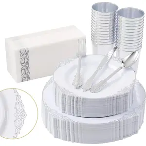 350 count  Plastic Plates,  Disposable Dinnerware set for 50 Guests, Include: 50 Dinner Plates, 50 Dessert Plates, 50 Plastic Silverware Set, 50 Napkins & 50 Cups for Wedding, Party