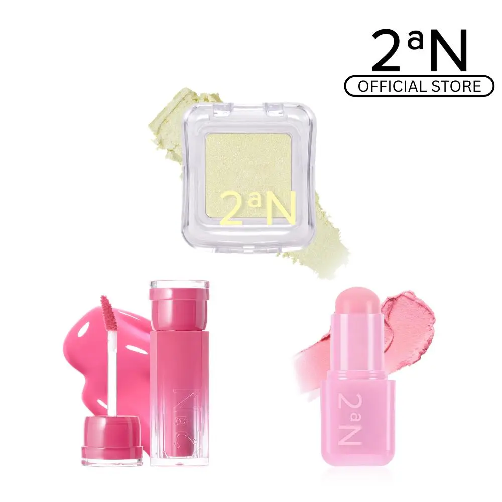 2aN | Pocket Cotton Blurring Stick, Pure Glash Powder Highlighter & Glaze Bouncing Lip Tint – All-in-One Glow Makeup Set