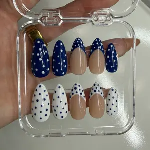 Navy Blue & White Polka Dot + French Set | Medium Almond Length Press On Set
