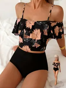 Women's Floral Print Bikini Set, Sexy Off-Shoulder High-Waisted Swimsuit, Elegant Ruffle One-Piece Swimwear for Summer Beach Vacation
