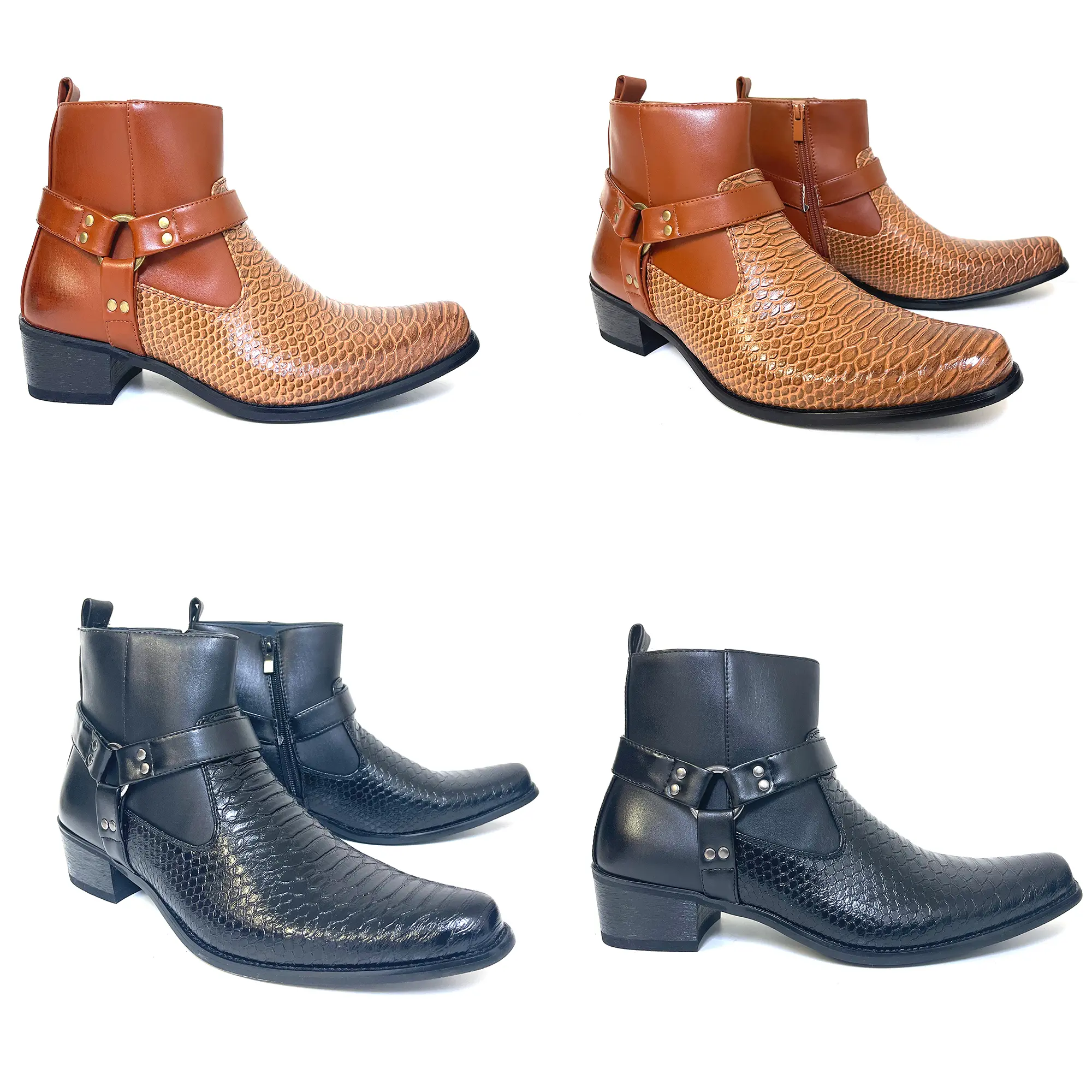 Men's Cowboy Boots Western Ankle Harness Strap Zipper