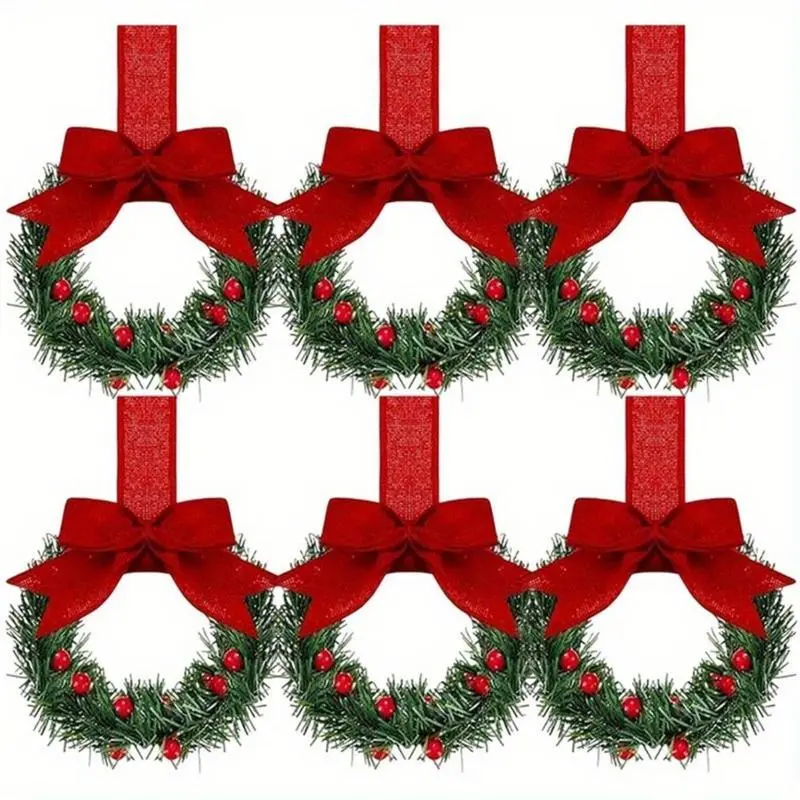 6pcs Christmas Kitchen Cabinet Mini Wreath Hanging Ornaments withBows and Berries, Mini Christmas Wreath Small Kitchen ChristmasDecorations, Artificial Hanging Wreath for 331Window/Cabinet/Chair/Door/Stairs, Decorative Ornament