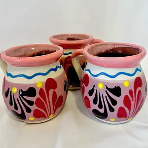 Handmade Mexican Mugs Clay Ceramic - Reusable Coffee Tumbler with Floral Design and Colorful Band, Ideal for Coffee and Tea Drinks - Drinkware, Washable, Reuse Pink