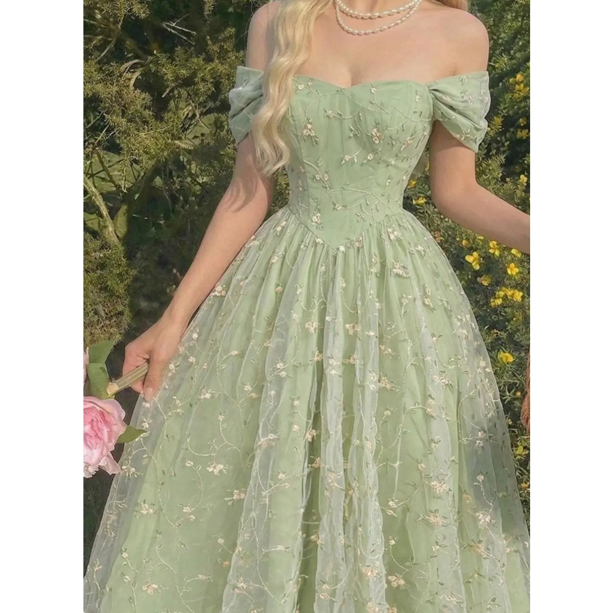 Women's Sage Off Shoulder Floral Embroidered Midi Dress, Elegant Ruffle Cottagecore Wedding Guest Garden Party Summer Dress