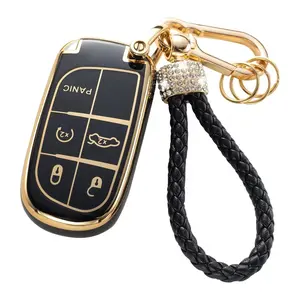 Jeep Car Keychain Cover Key Fob Shell with Lanyard, Compatible with Grand Cherokee Renegade Wrangler Patriot Commander Smart Key Case Anti-Drop Protection Car Key Protector