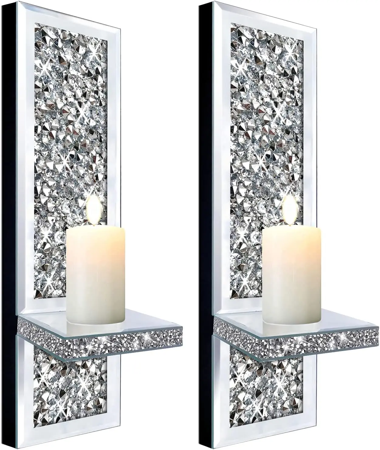 Set of 2 Crystal Crush Diamond Candle Sconces, Gorgeous Silver Mirrored Candle Holder Glass Wall Decorations
