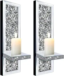 Set of 2 Crystal Crush Diamond Candle Sconces, Gorgeous Silver Mirrored Candle Holder Glass Wall Decorations
