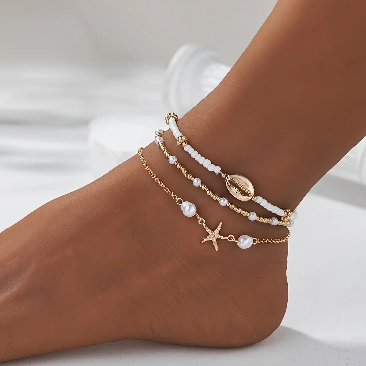 3pcs Beach Style Anklet Set] Beaded Anklet Set for Women, 3pcs Summer Beach Style, Starfish and Shell Charms, Vacation & Daily Wear, Universal Anklets Set