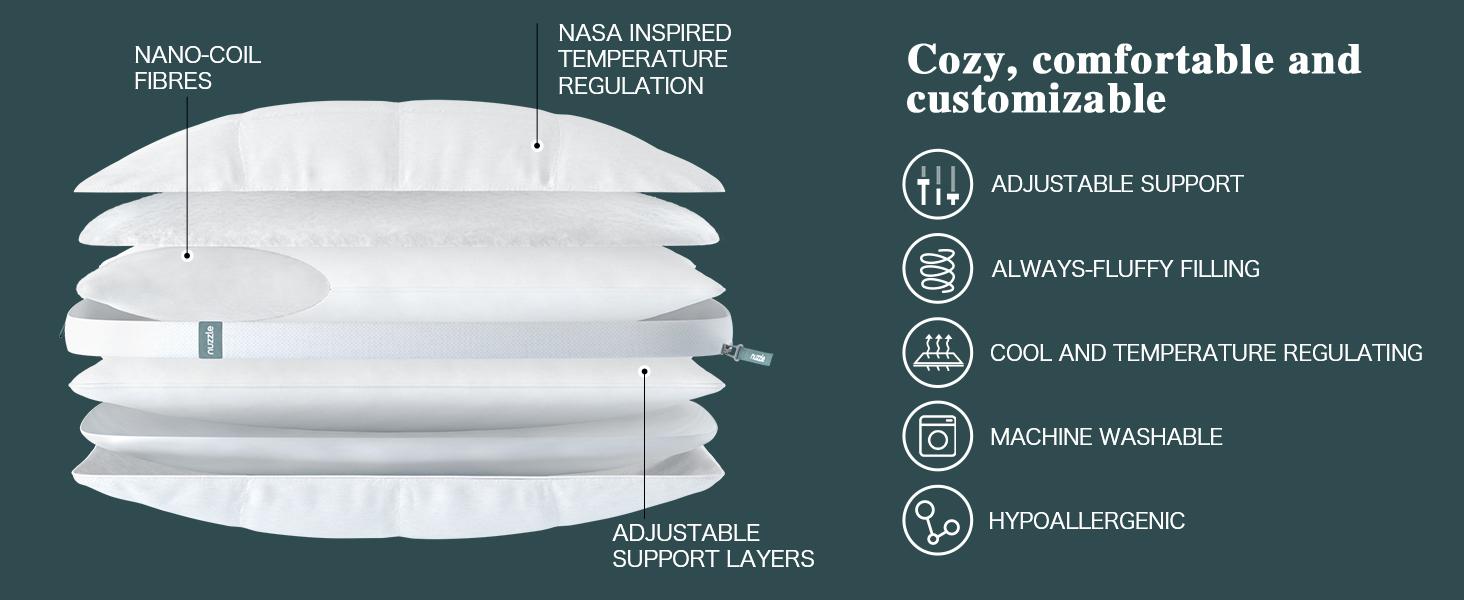 Nuzzle Cooling Adjustable Pillow for Side Sleepers, Luxury Bed Pillow Hotel Collection - Best Adjust Height Soft Firm Pillow for Back, Stomach or Side Sleepers - Home Gifts, Adjustable Height, Anti-Allergic