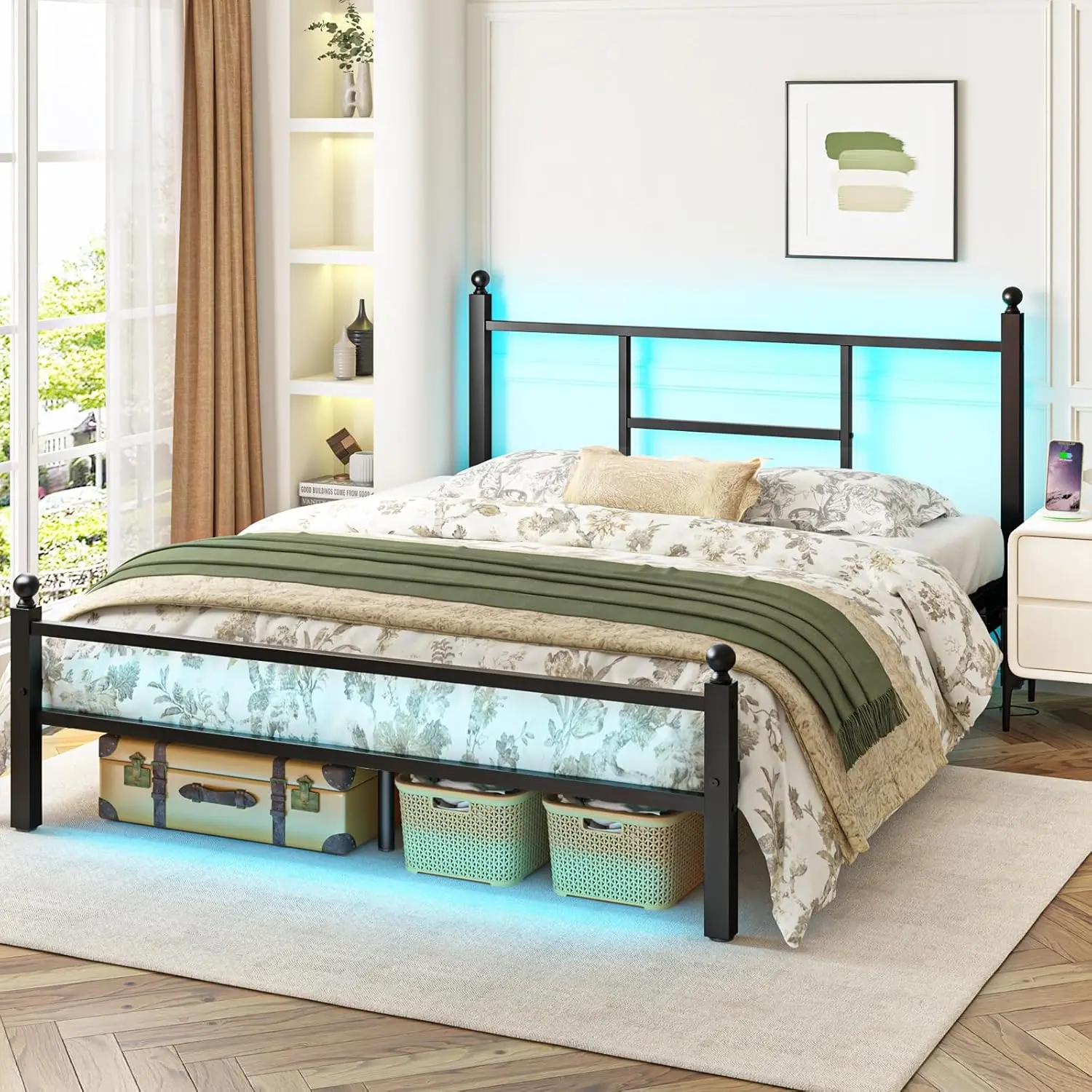 Full Size LED Bed Frame with Charging Station, Metal Platform Bed with USB Ports & Outlets, Heavy Duty Frame with Under Bed Storage, Easy Assembly