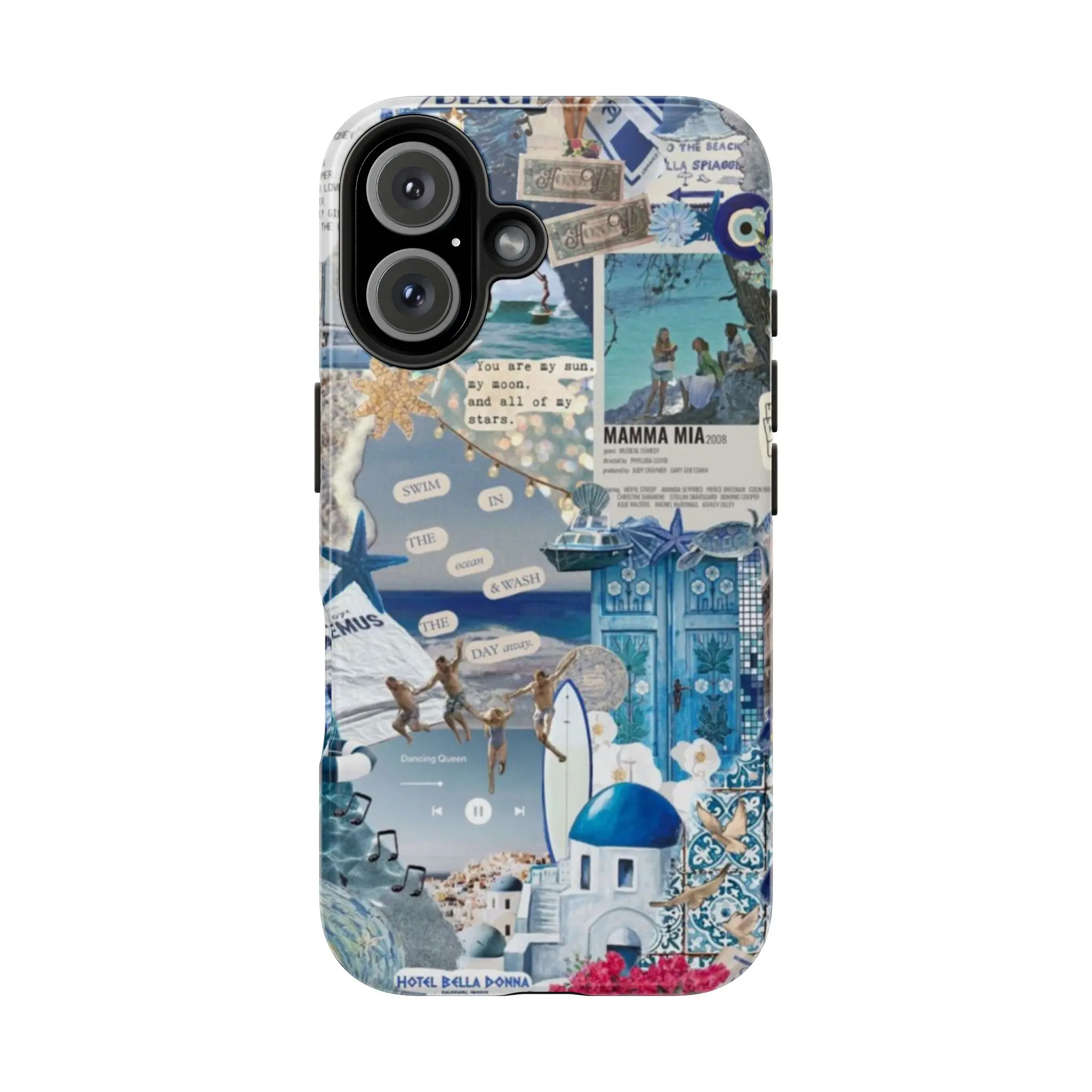 Mamma Mia Movie & Greece Collage Phone Case for IP 16 15 14 13 12 11 Pro Max XR Xs 6 7 8 Plus SE, Retro Musical & Travel Case, Shockproof Heavy Duty Protective Cover, Whimsical & Romantic Beachy Tough Case