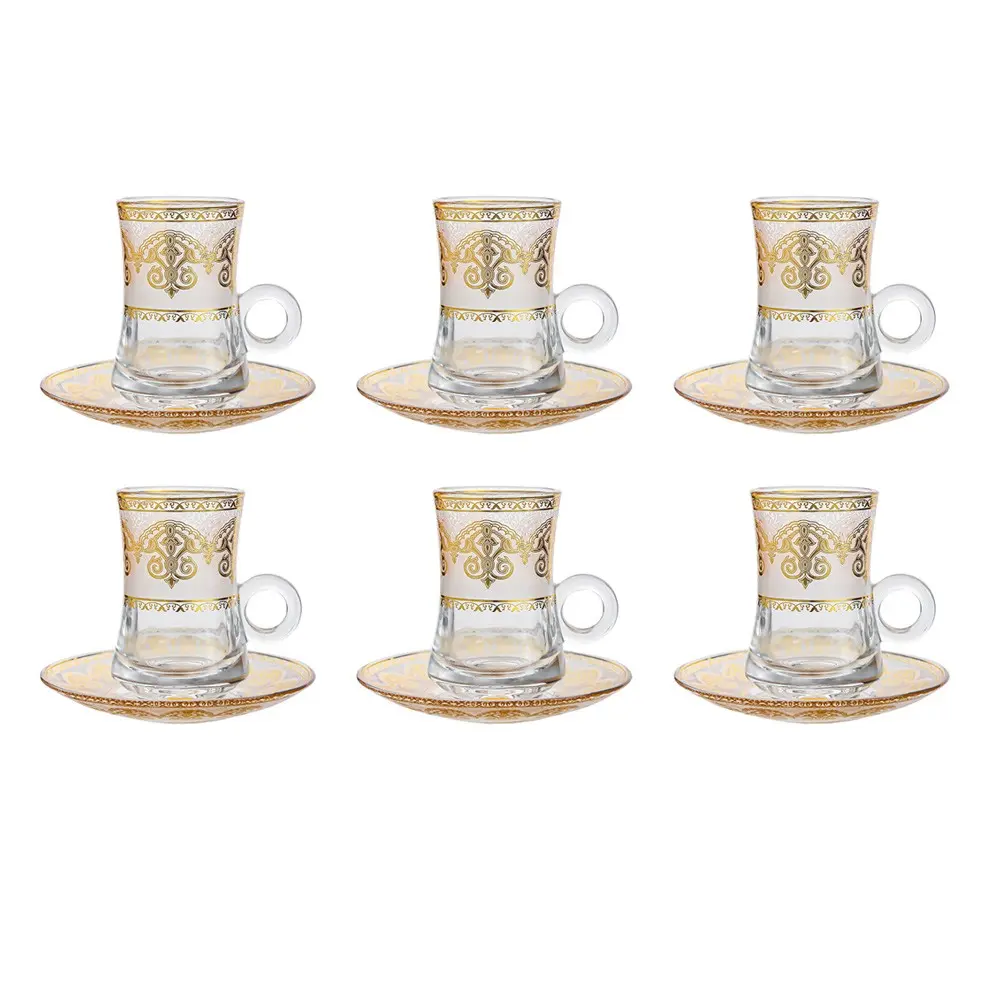 Vintage Tea Glasses Cups Set of 6 and Saucers Glassware Teacups for Party Adults Arabic Turkish Fancy Decorative Serving Persian Kitchen Women Style Gift Drinking Luxury Gold Drinkware Glass Beverage Birthday Cups with Saucers