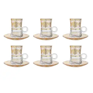 Vintage Tea Glasses Cups Set of 6 and Saucers Glassware Teacups for Party Adults Arabic Turkish Fancy Decorative Serving Persian Kitchen Women Style Gift Drinking Luxury Gold Drinkware Glass
