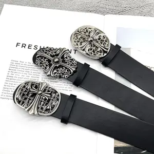 Celebrity style Crocodile leather belt, men's cross six-pointed star tomb hollowed-out big tongue vine women's belt