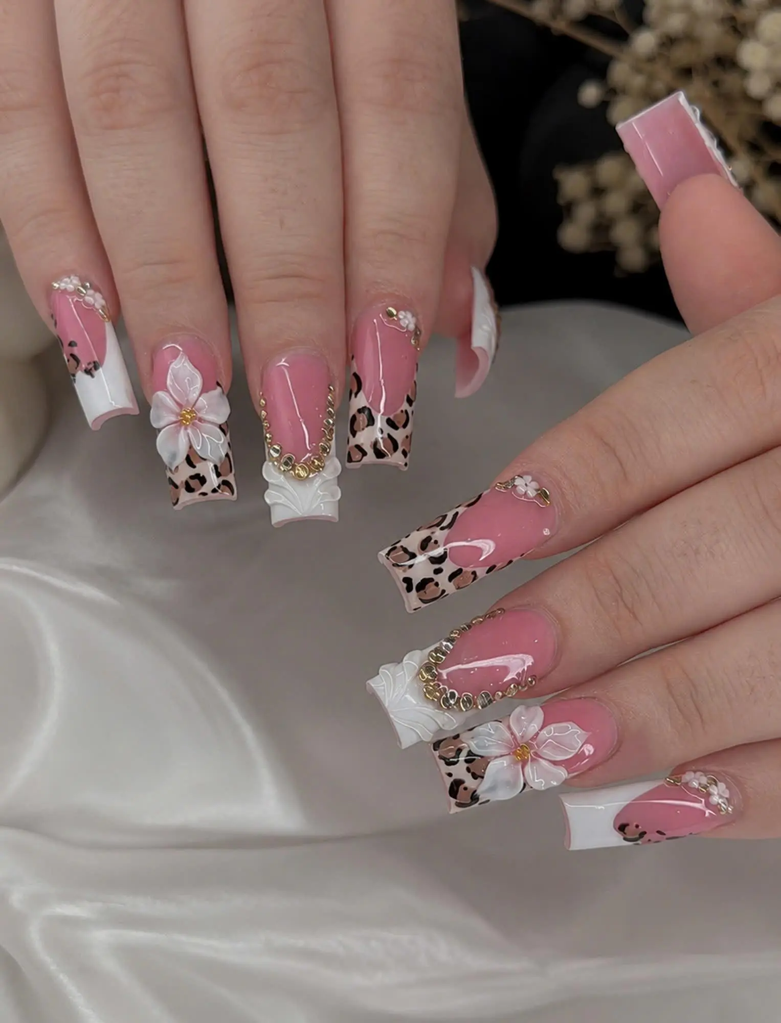 Handmade Pink Leopard Press On Nails, 3D Flower French Tip Nails, Luxury Glam Acrylic Nails, Coquette Bow Nails, Reusable Nails Gift for Her