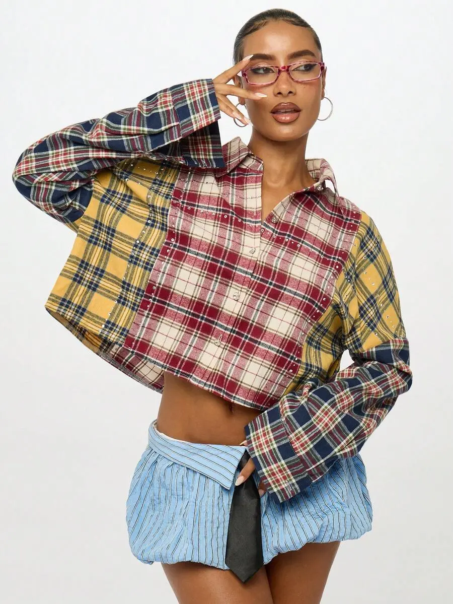 Plaid Patchwork Oversized Short Button-Up Shirt With Diamond Details, Collegiate Checkered Y2K Style Long Sleeve Collared Top, Winter