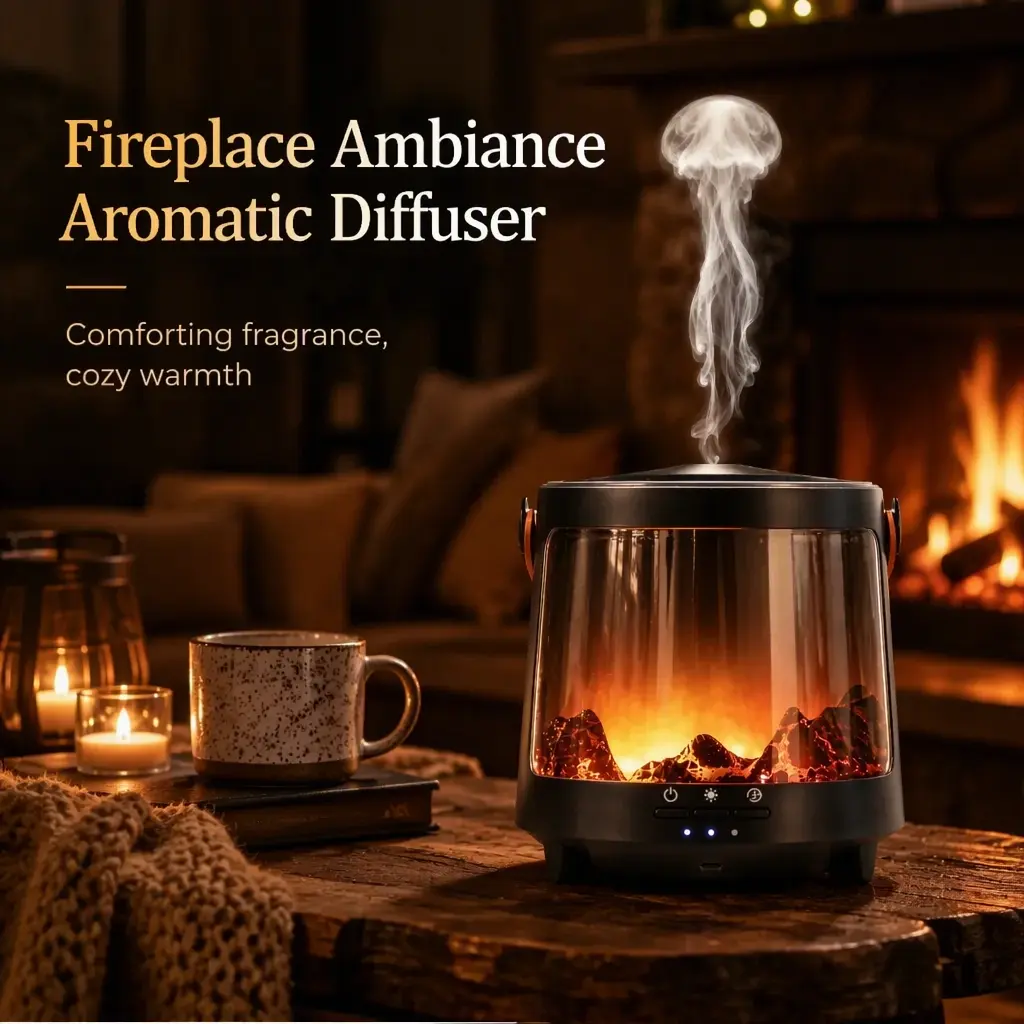 2026 New Fireplace-Style Aroma Diffuser, 7-Color Changing LED Mood Light, Portable Desktop Fine Mist Humidifier & Steam Warmer for Bedroom Home Decor & Gifts