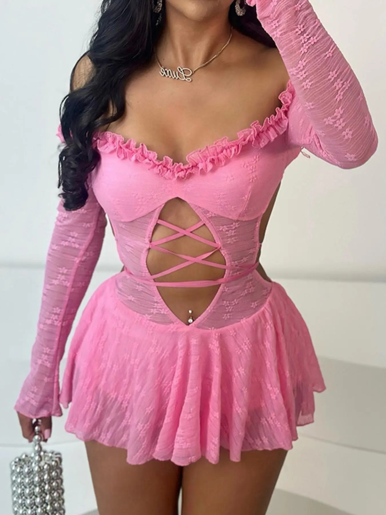 Women's Contrast Mesh Sheer Backless Off Shoulder Cut Out Ruffle Trim Bodysuit, Sexy Fashion Frill Trim Tie Back Fitted Long Sleeve Bodysuit for Nightclub Music Festival, Women's Clothes for Spring & Fall, Fashionable Bodysuits, Womenswear