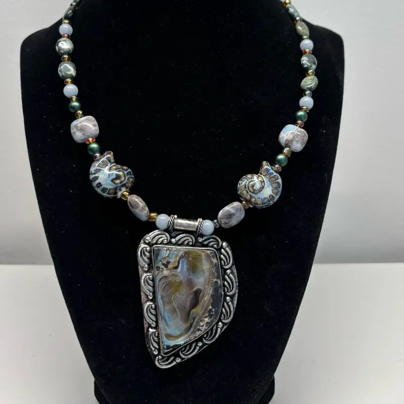 Abalone Pendant Seashell Angelite Chinese Writing Jasper Oregon Blue Opal Natural Gemstone  Necklace Handmade One of a Kind with Unique Beads and Centerpiece