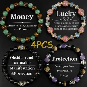 Crystal Beaded Bracelets for Women and Men - Tiger Eye, Obsidian, Black Tourmaline Jewelry for Banquet Party - Money Attraction, Good Luck, Protection Bracelet Encouragement Gift for Her Elastic Band couple bracelet artificial bracelet Daily Wear