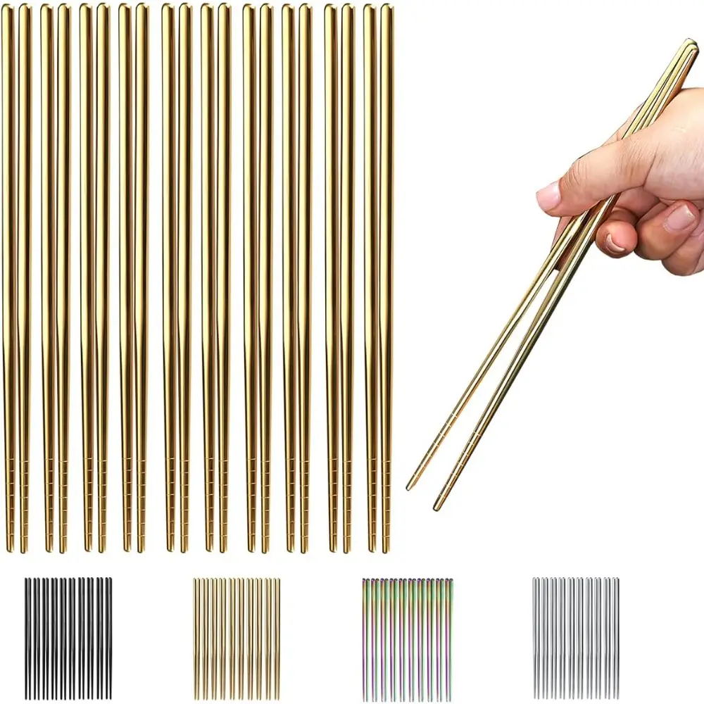 10 Pairs Reusable Chopsticks, Titanium Gold Plating Stainless Steel Metal Chopsticks, Japanese, Chinese, Korean Chopsticks Dishwasher Safe, 8.9 Inch (Gold / Chopsticks)