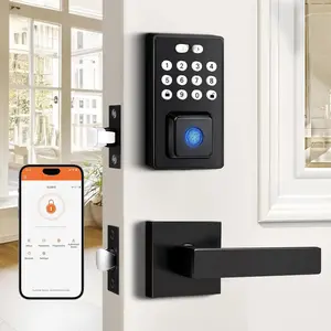 Keyless Entry Door Lock with Handle,  Locks for Front Door, Black Keypad Door Lock with Handle Fingerprint Lock,  Keypad Deadbolt Lever, App Control, Auto Lock